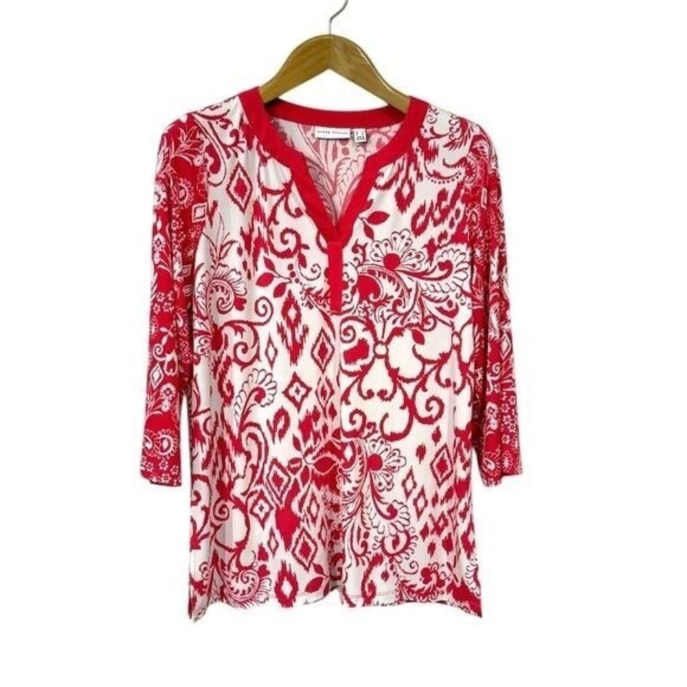 Susan‎ Graver Womens Pink Ikat Tunic 3/4 Sleeve Blouse L Bold Casual Vacation